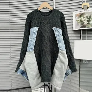 Patchwork Denim Colorblock Sweater For Women Round Neck Long Sleeve Streetwear Casual Pullover Female Clothing