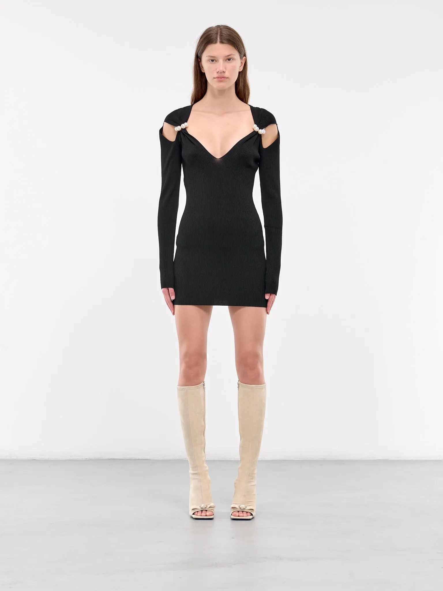 Pearl Shoulders Ribbed Mini Dress (A0489-8701-BLACK)