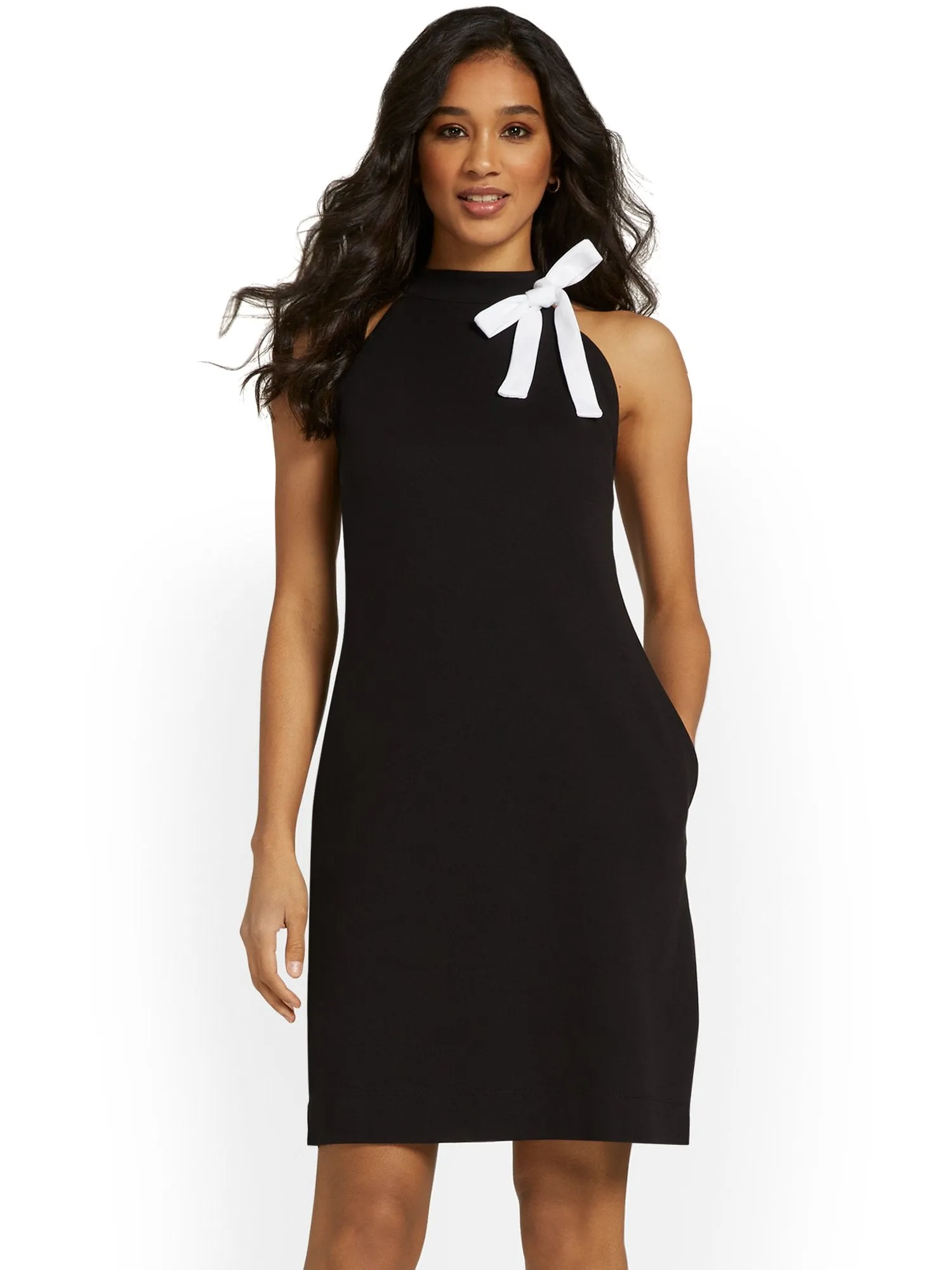 Petite Contrast-Bow Halterneck Dress - City Knits