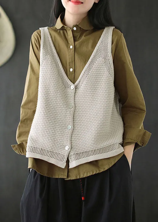 Plus Size Blue V Neck Button Fall Knit Vest
