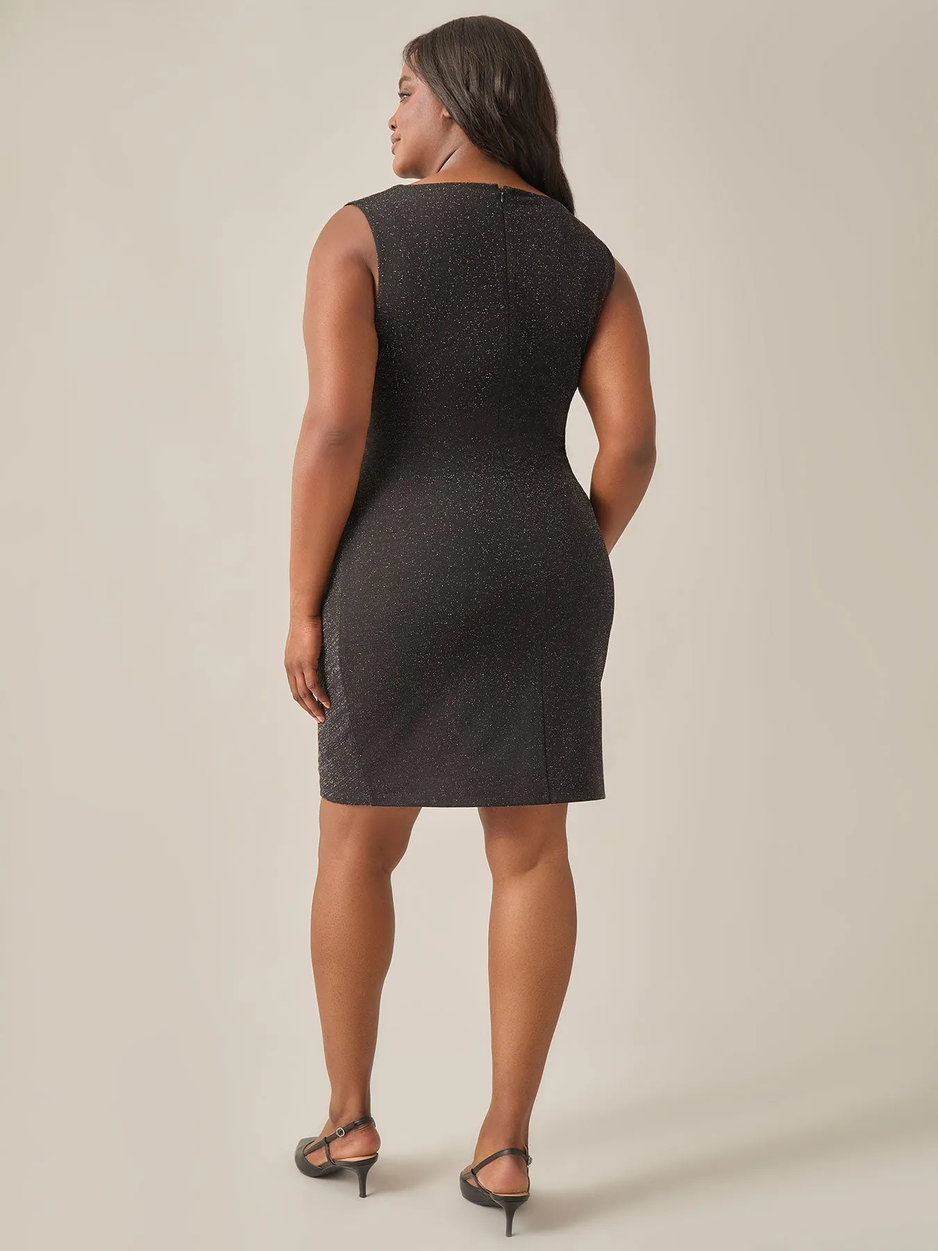 Plus Size Lurex Knit Sleeveless Side Pleat Dress, Black
