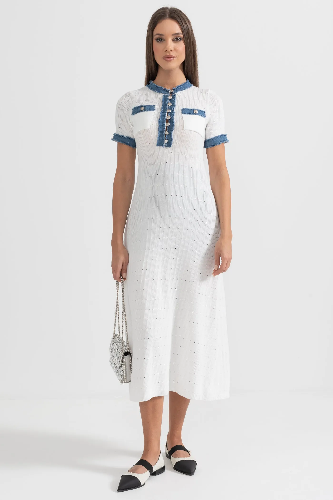 Ribbed Knit Midi Dress - White