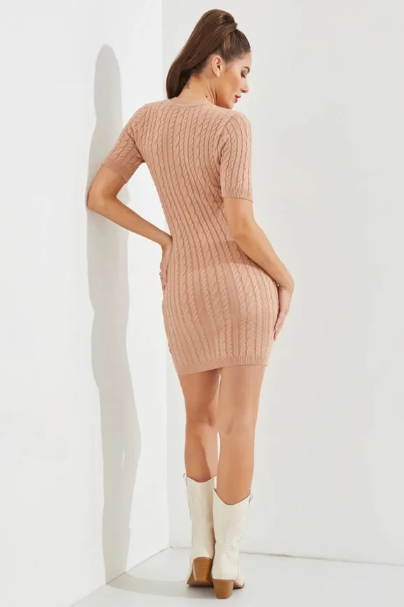 Ribbed Short Sleeve Knit Dress BEIGE