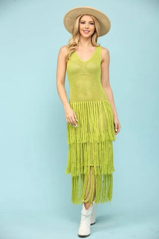 Sage Knit Layered Fringe Long Dress