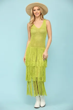 Sage Knit Layered Fringe Long Dress