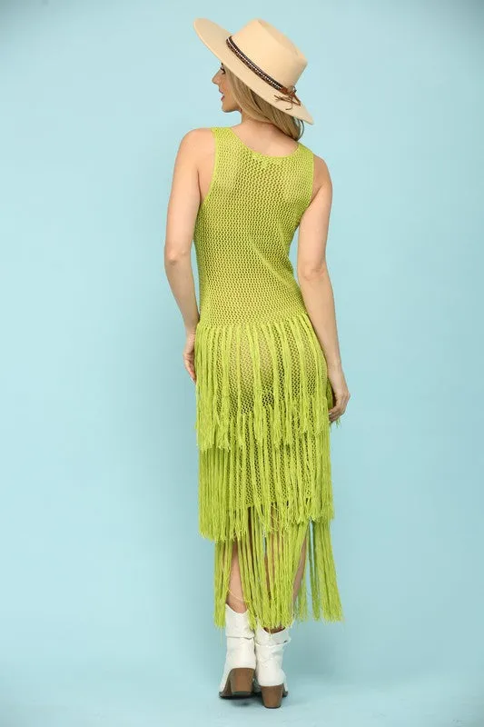 Sage Knit Layered Fringe Long Dress