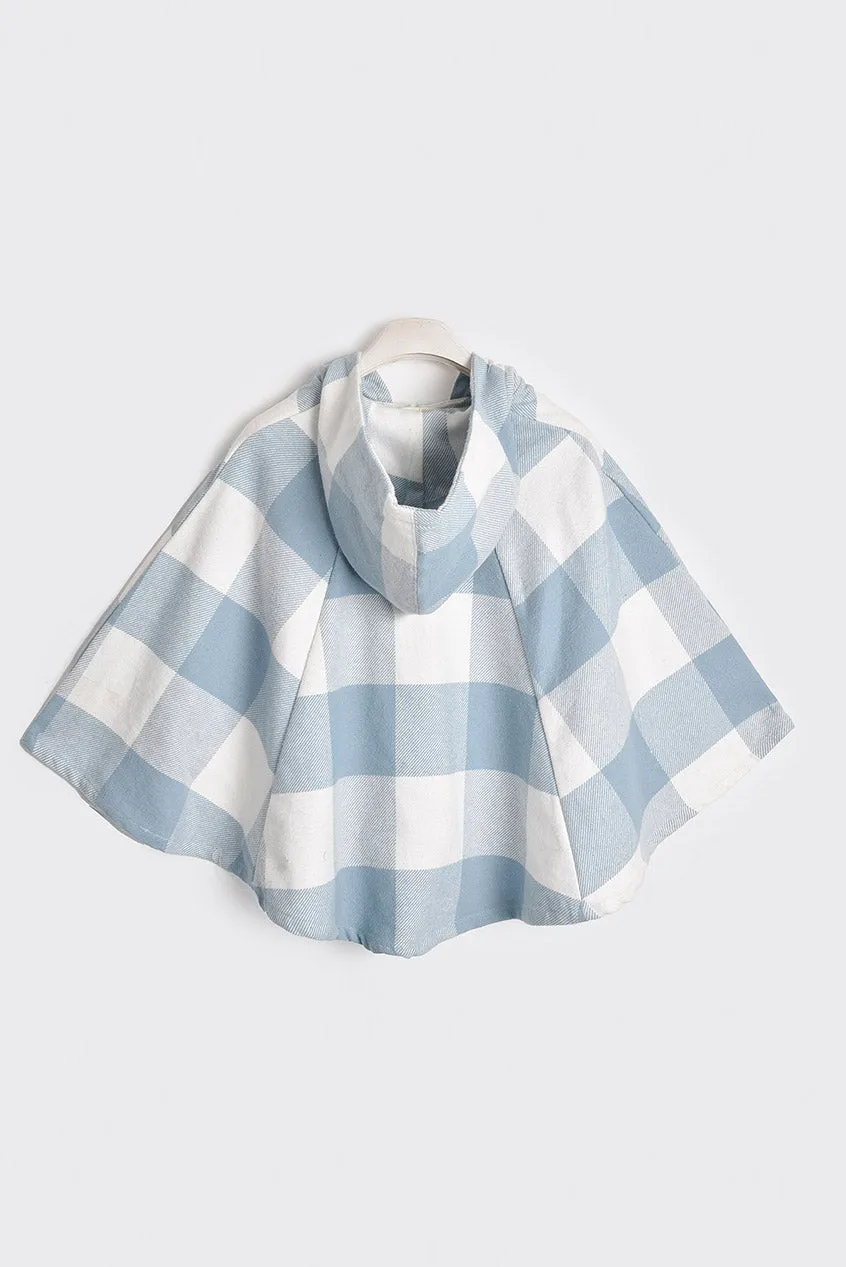Sky Blue Plaid Corduroy Hooded Cape