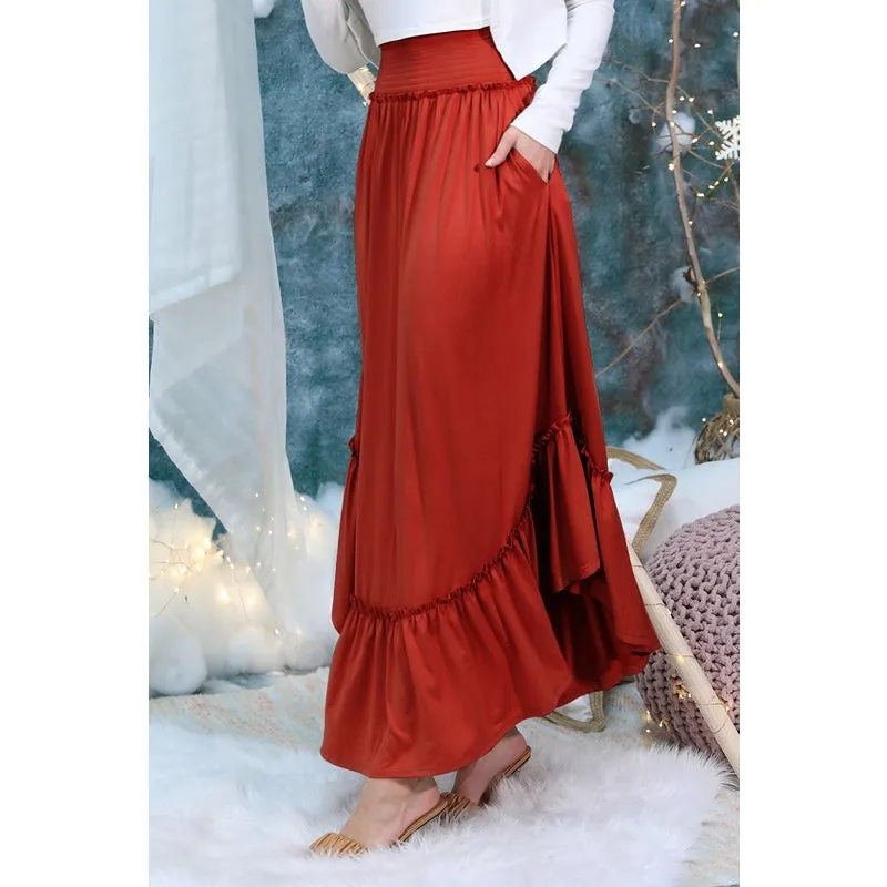 Smocked Waist Rust Maxi Skirt