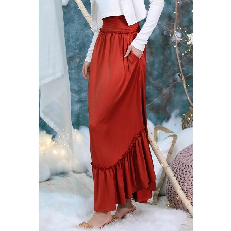 Smocked Waist Rust Maxi Skirt