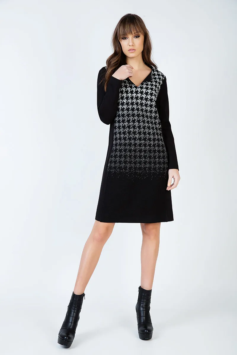 Straight Jacquard Detail Long Sleeve Knit Dress