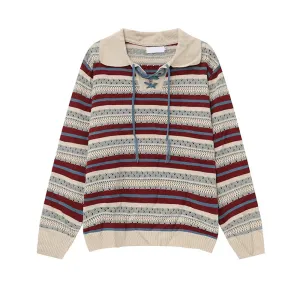 Stylish Men's Sweater 2024 Autumn Turn-down Collar Contrast Color Strap Striped Knitted Top Vintage Male Top 9C6929