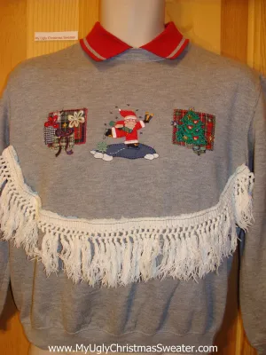 Tacky Cheap Christmas Sweatshirt Santa Horrible Fringe