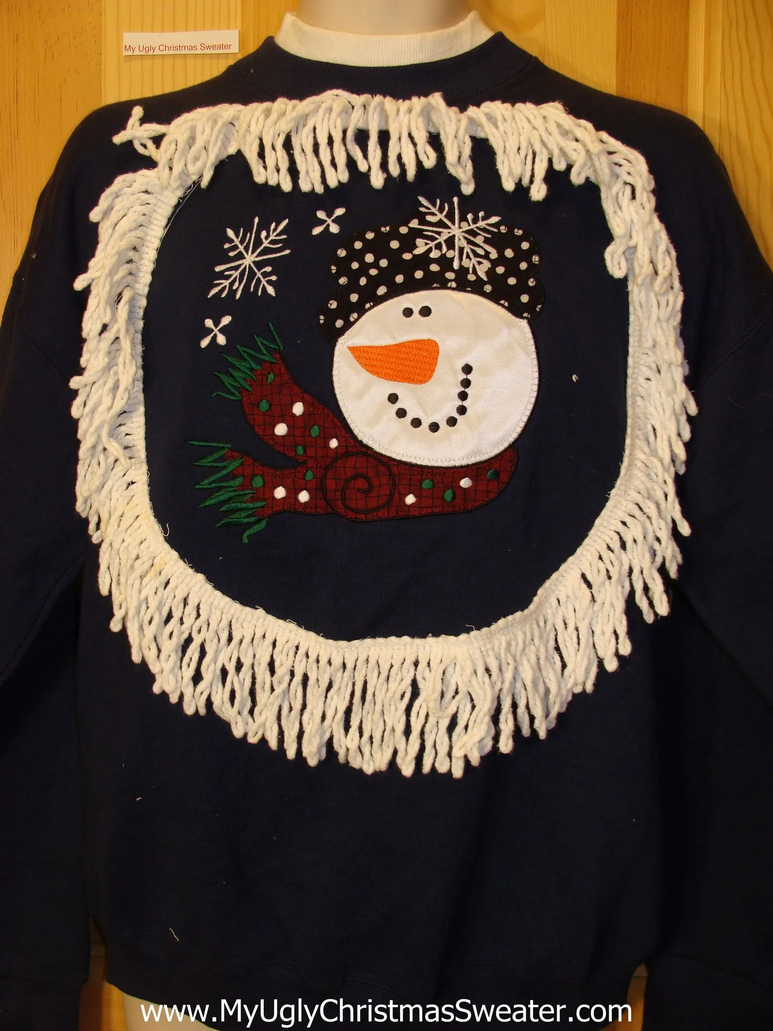 Tacky Christmas Sweatshirt Snowman Head and Drippy Fringe