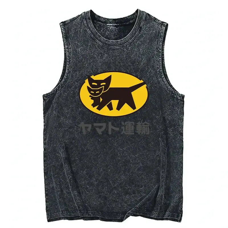 Tokyo-Tiger Black Cat Transport Pattern Japanese Washed Tank