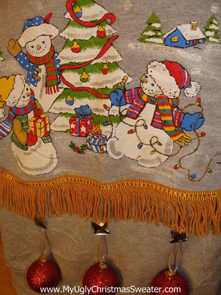 Ugly Christmas Tacky Sweatshirt 3D Ornaments Snowman Family with Fringe (q14)