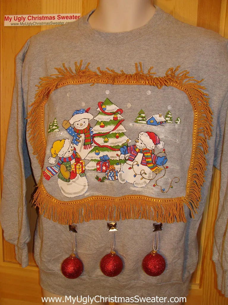 Ugly Christmas Tacky Sweatshirt 3D Ornaments Snowman Family with Fringe (q14)
