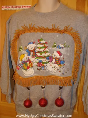 Ugly Christmas Tacky Sweatshirt 3D Ornaments Snowman Family with Fringe (q14)