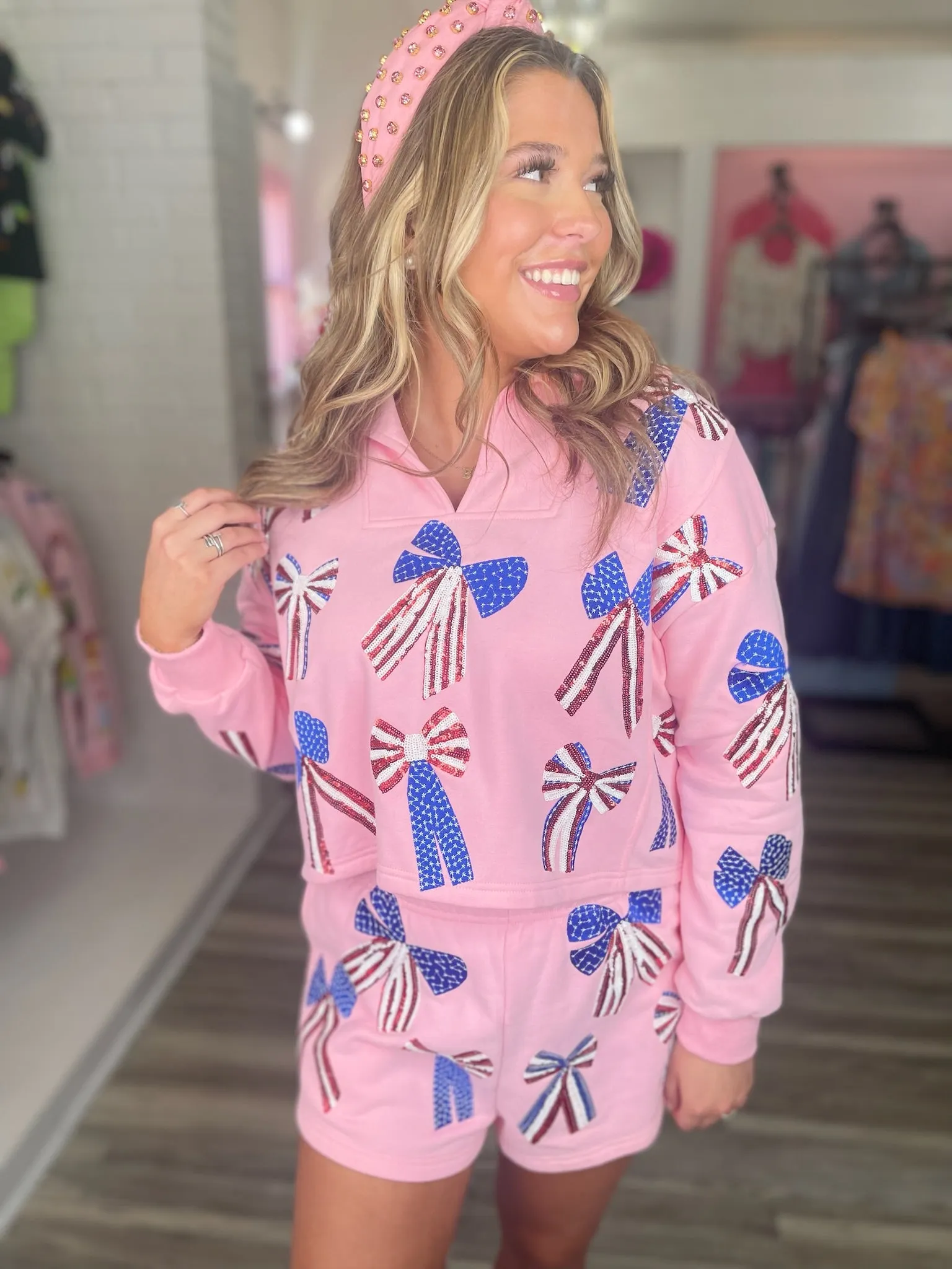 USA Bow Collar Sweatshirt - Light Pink [Queen of Sparkles]