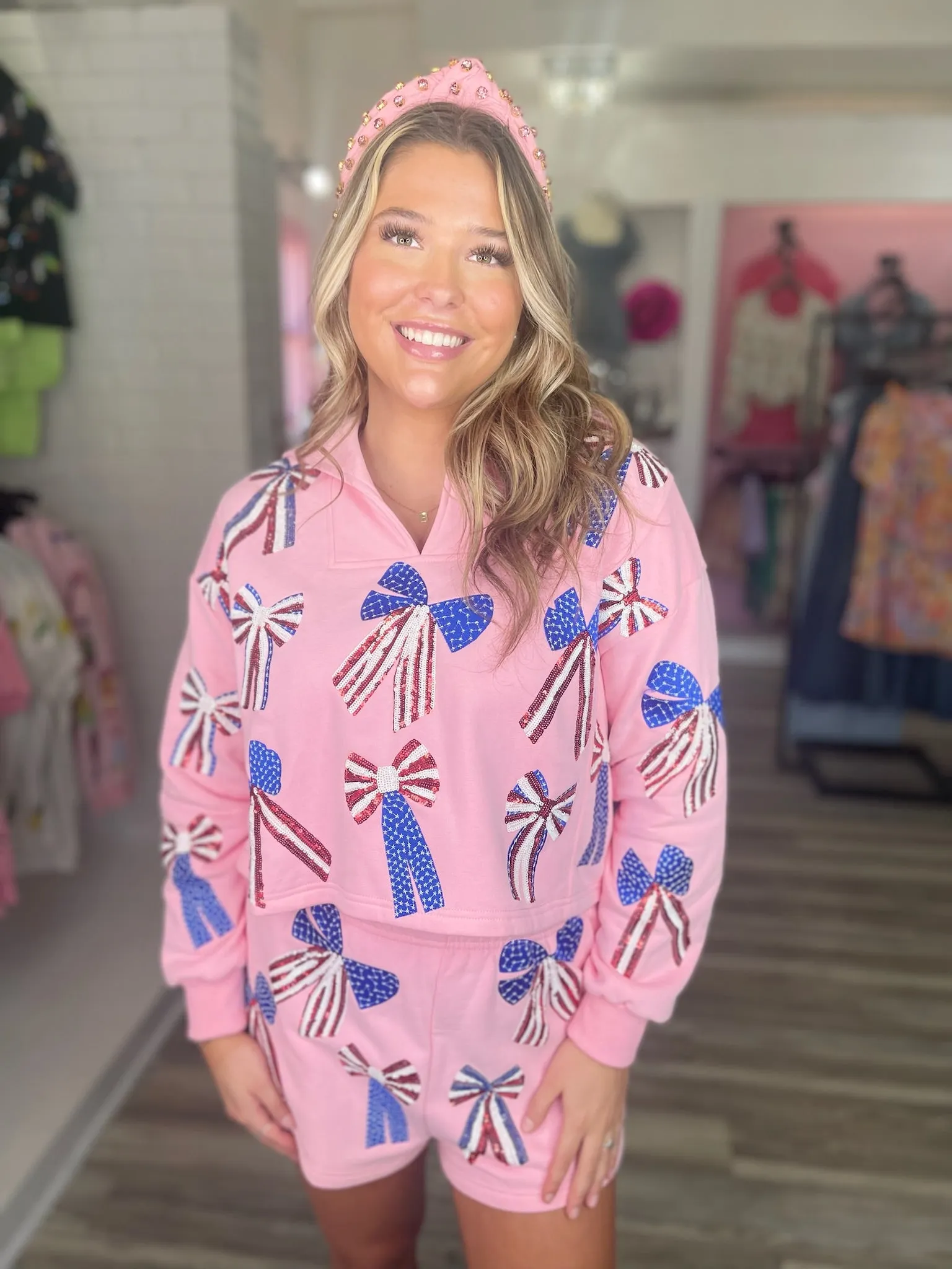 USA Bow Collar Sweatshirt - Light Pink [Queen of Sparkles]