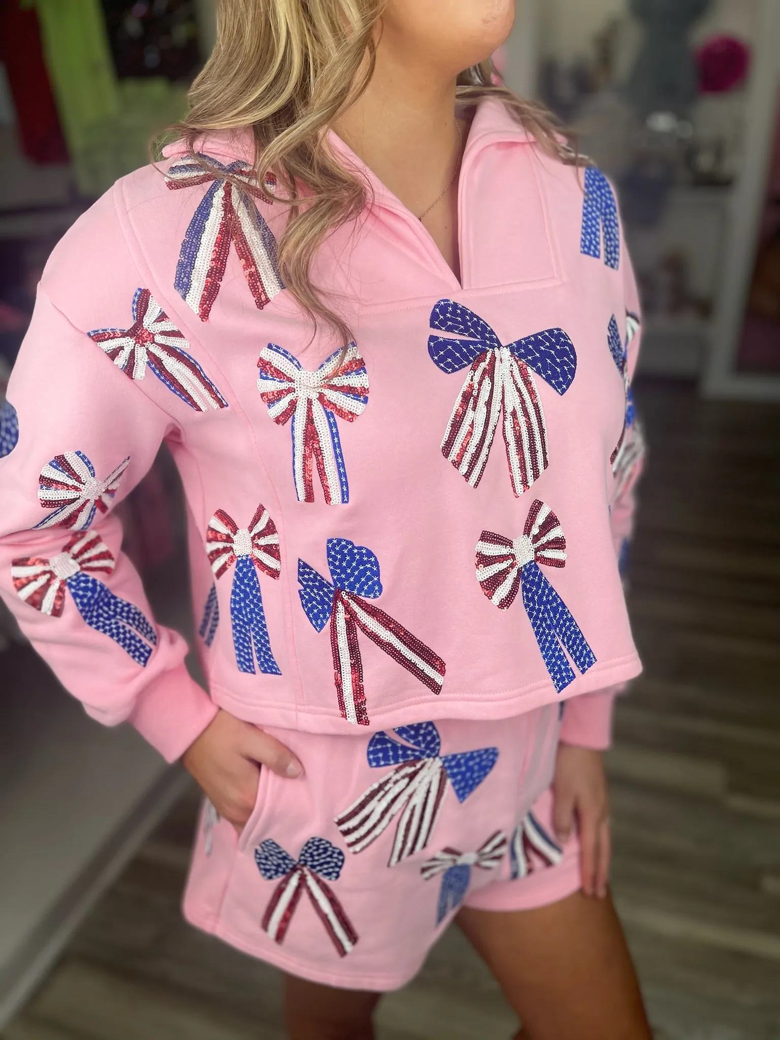 USA Bow Collar Sweatshirt - Light Pink [Queen of Sparkles]