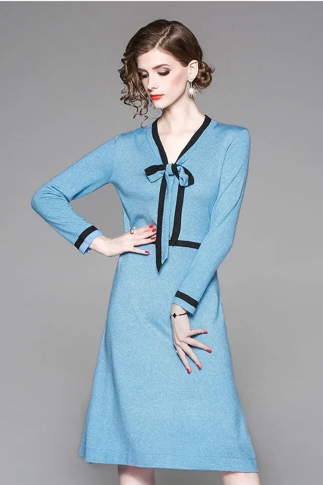 V Neck Sweater Dress W/ Tie