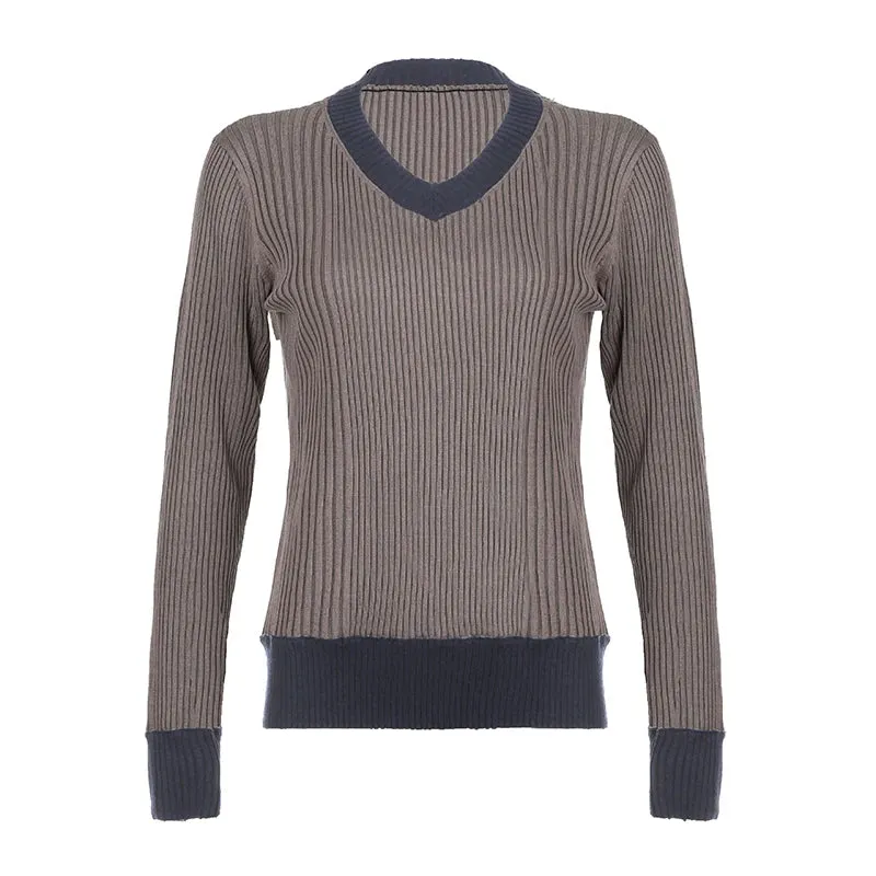 Vintage Fashion Autumn Winter Women Sweaters Patched Y2K Knit Jumper Contrast Preppy Style Pulover Knitwears Outfits