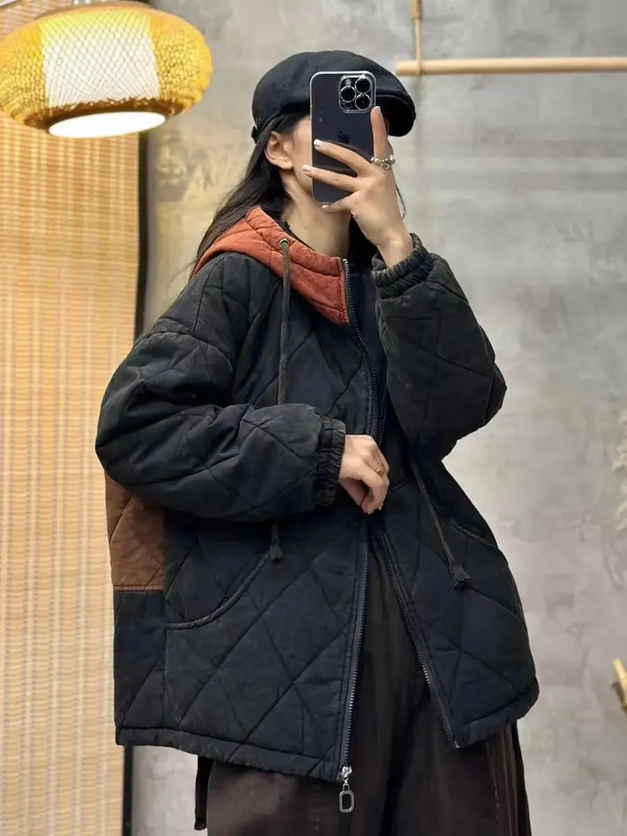 Women Colorblock Cotton Hooded Coat