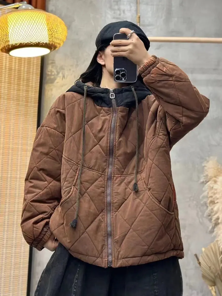 Women Colorblock Cotton Hooded Coat