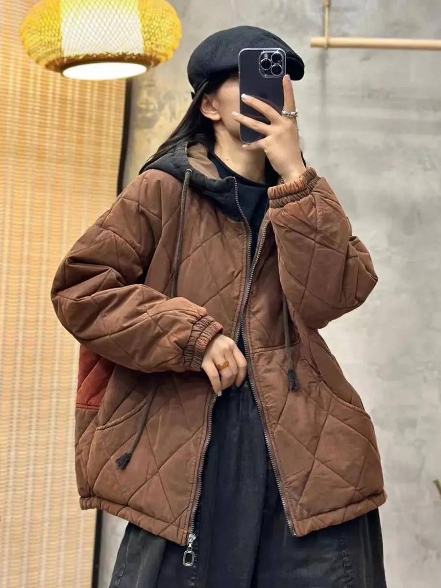 Women Colorblock Cotton Hooded Coat