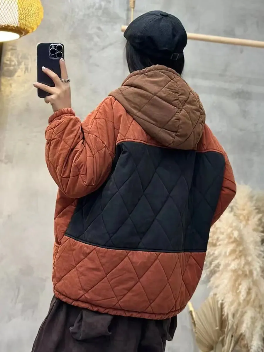 Women Colorblock Cotton Hooded Coat