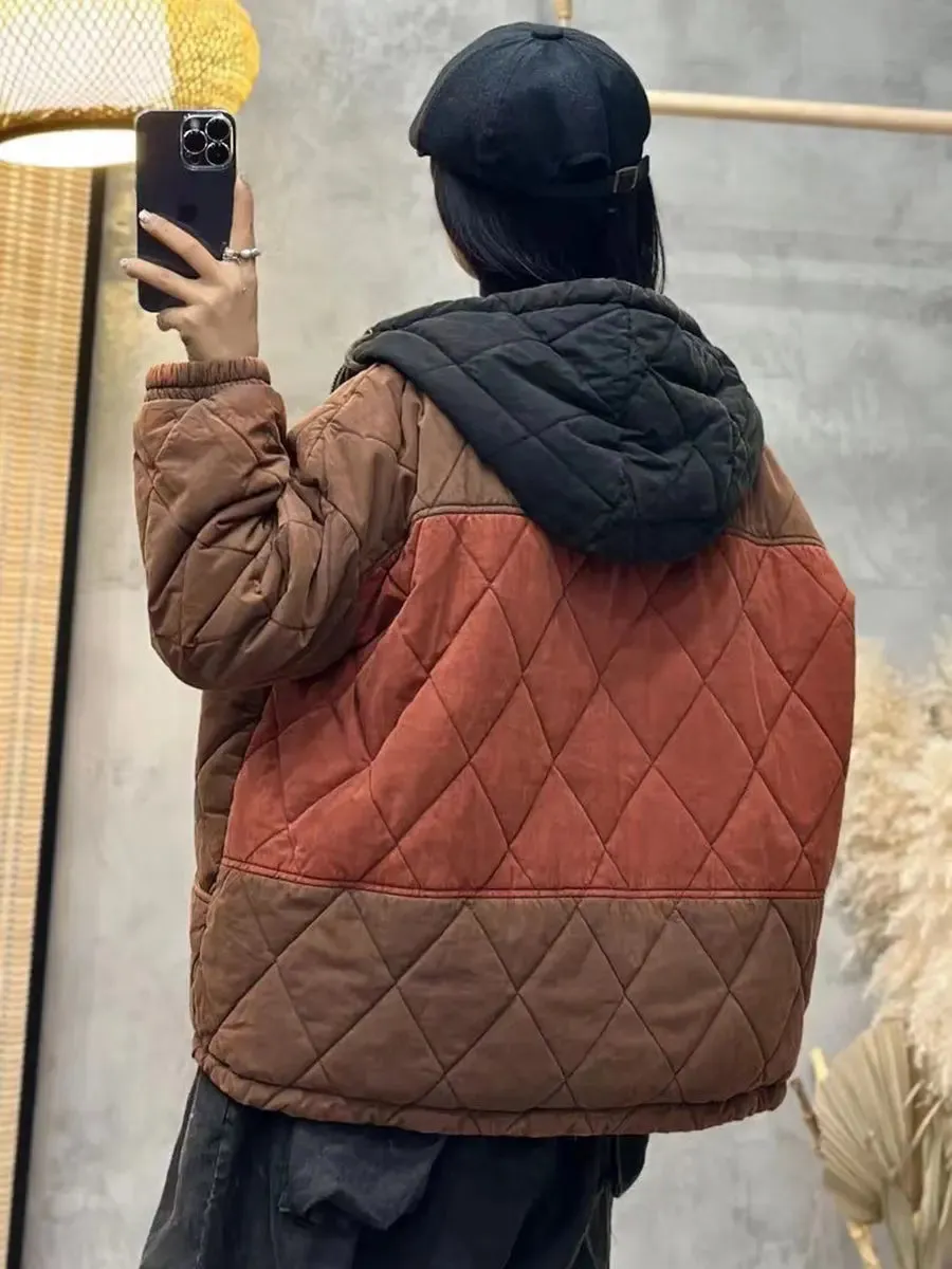 Women Colorblock Cotton Hooded Coat