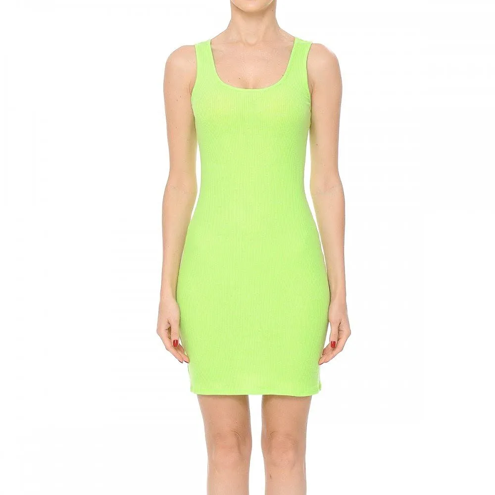 Womens- Basic Mini Ribbed Knit Scoop Neck Sleeveless Midi Body Con Dress