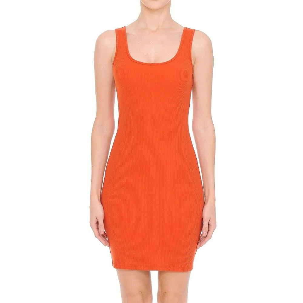 Womens- Basic Mini Ribbed Knit Scoop Neck Sleeveless Midi Body Con Dress