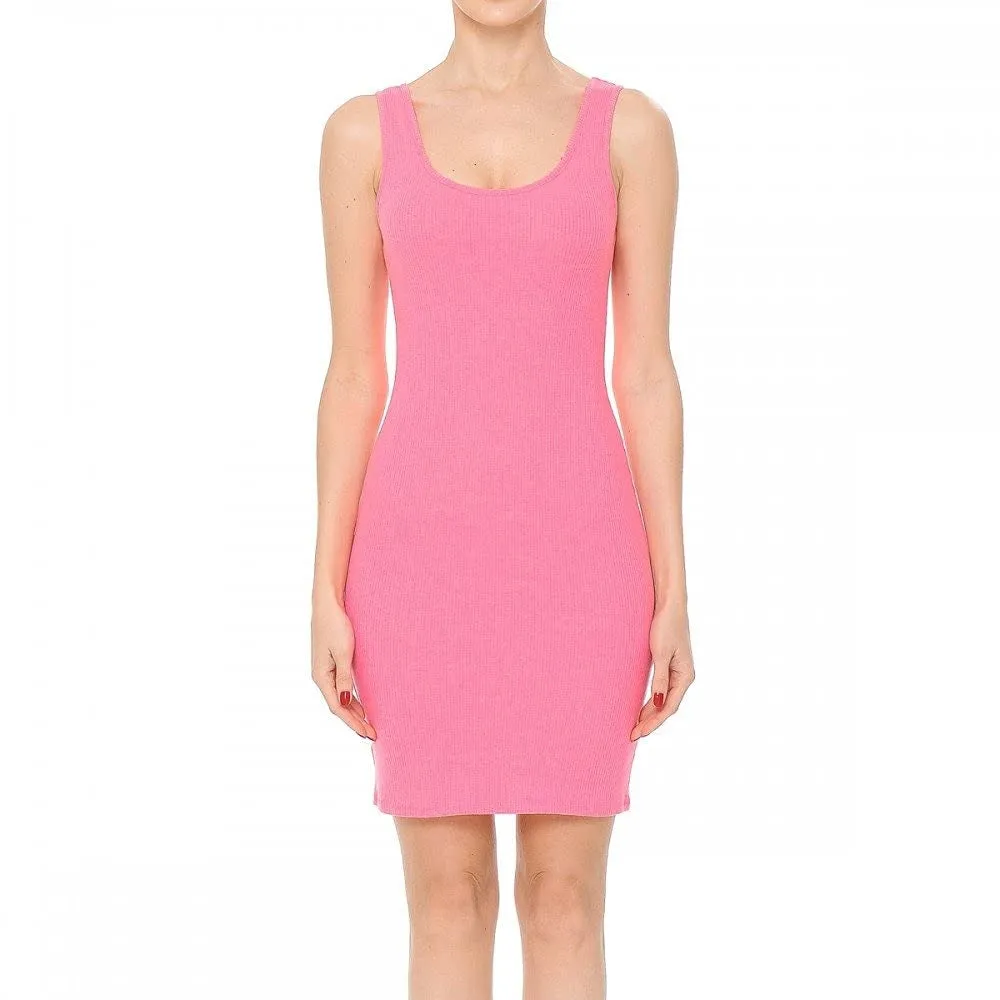 Womens- Basic Mini Ribbed Knit Scoop Neck Sleeveless Midi Body Con Dress