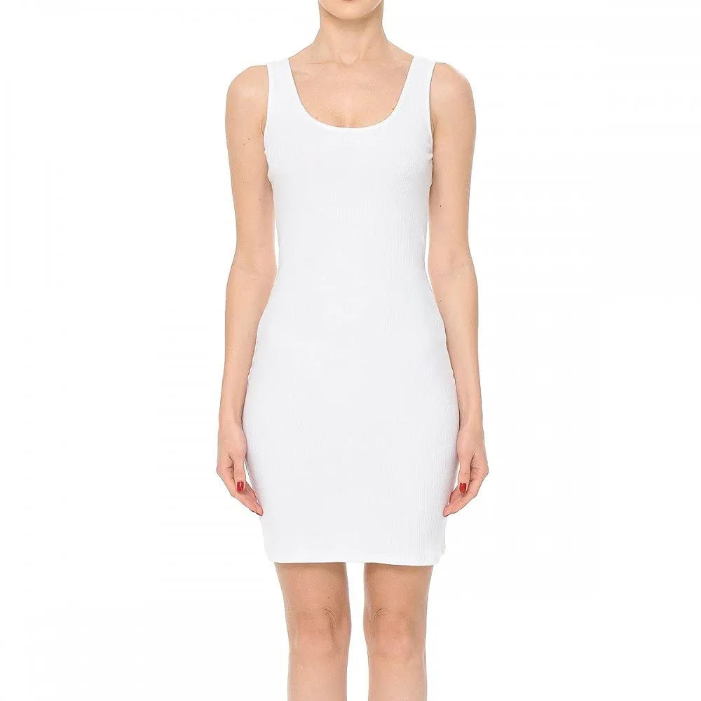 Womens- Basic Mini Ribbed Knit Scoop Neck Sleeveless Midi Body Con Dress