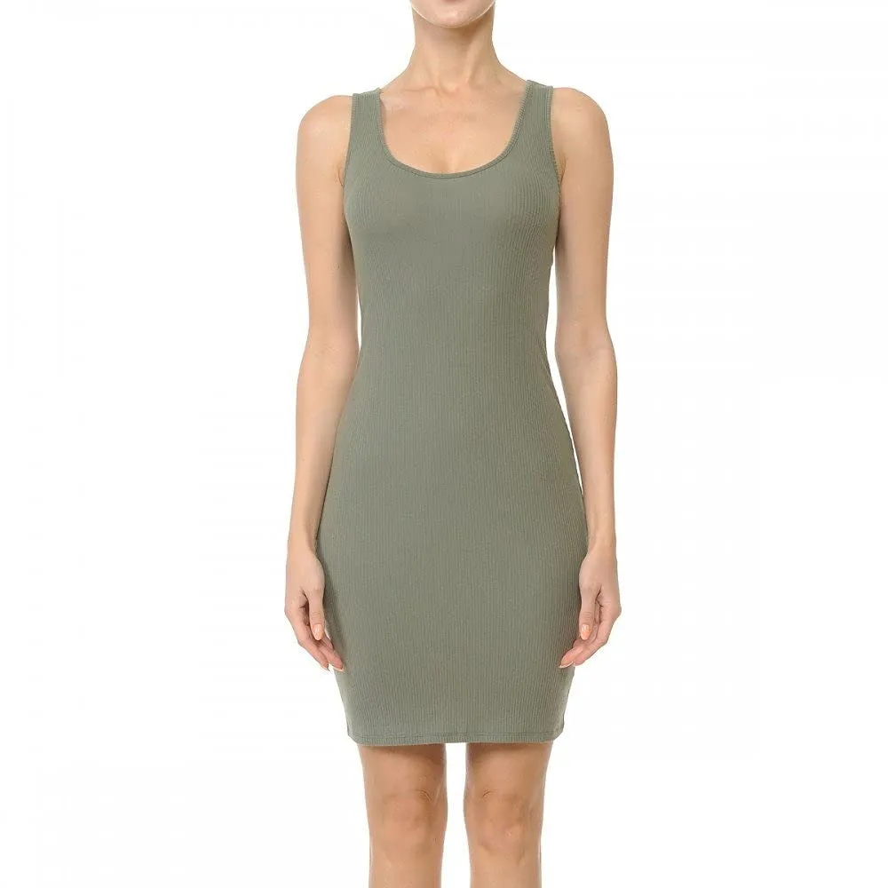 Womens- Basic Mini Ribbed Knit Scoop Neck Sleeveless Midi Body Con Dress