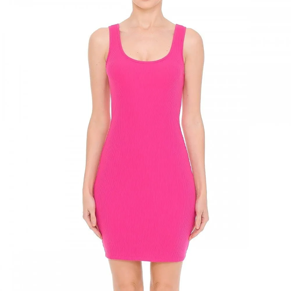 Womens- Basic Mini Ribbed Knit Scoop Neck Sleeveless Midi Body Con Dress
