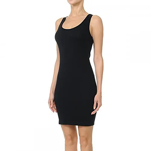 Womens- Basic Mini Ribbed Knit Scoop Neck Sleeveless Midi Body Con Dress