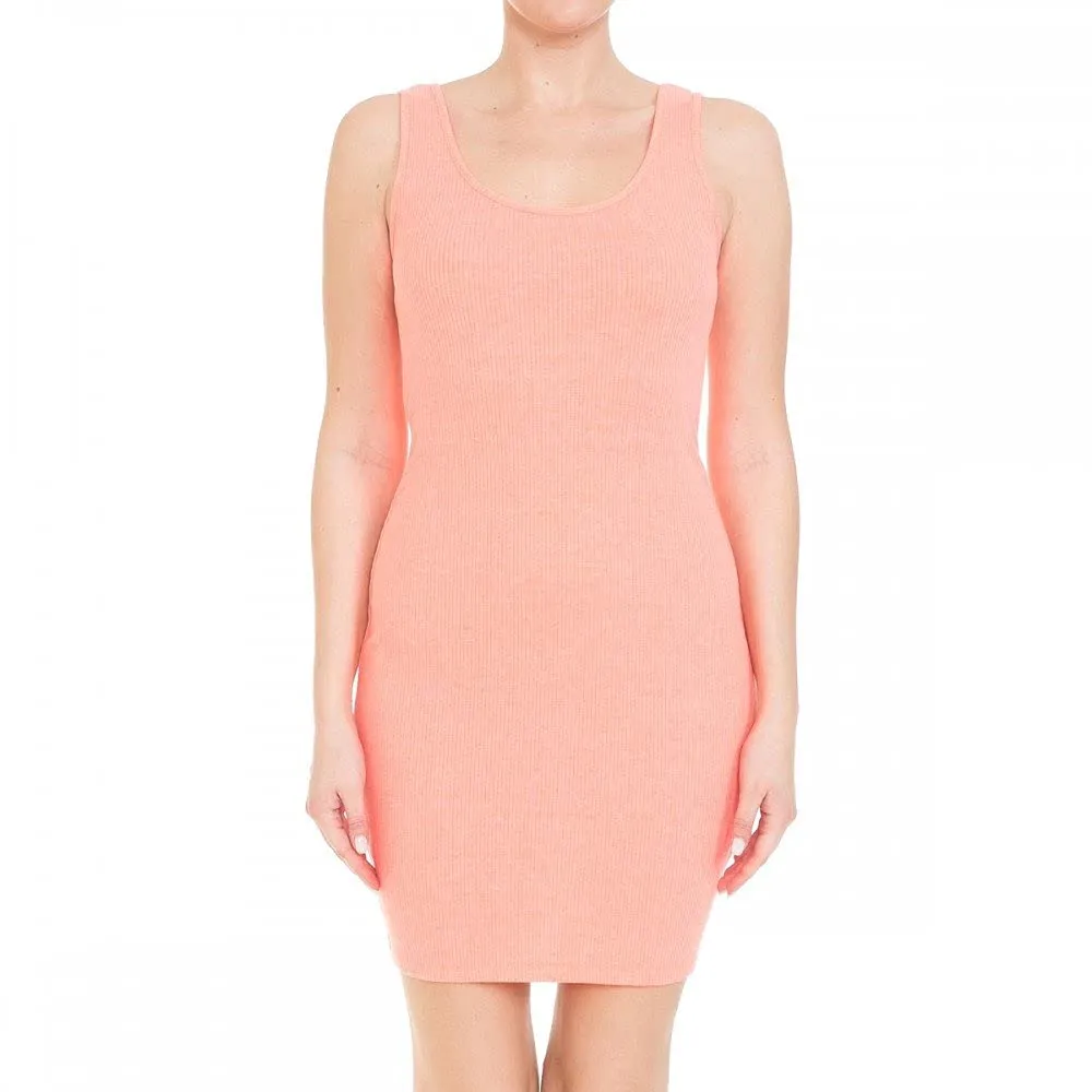 Womens- Basic Mini Ribbed Knit Scoop Neck Sleeveless Midi Body Con Dress