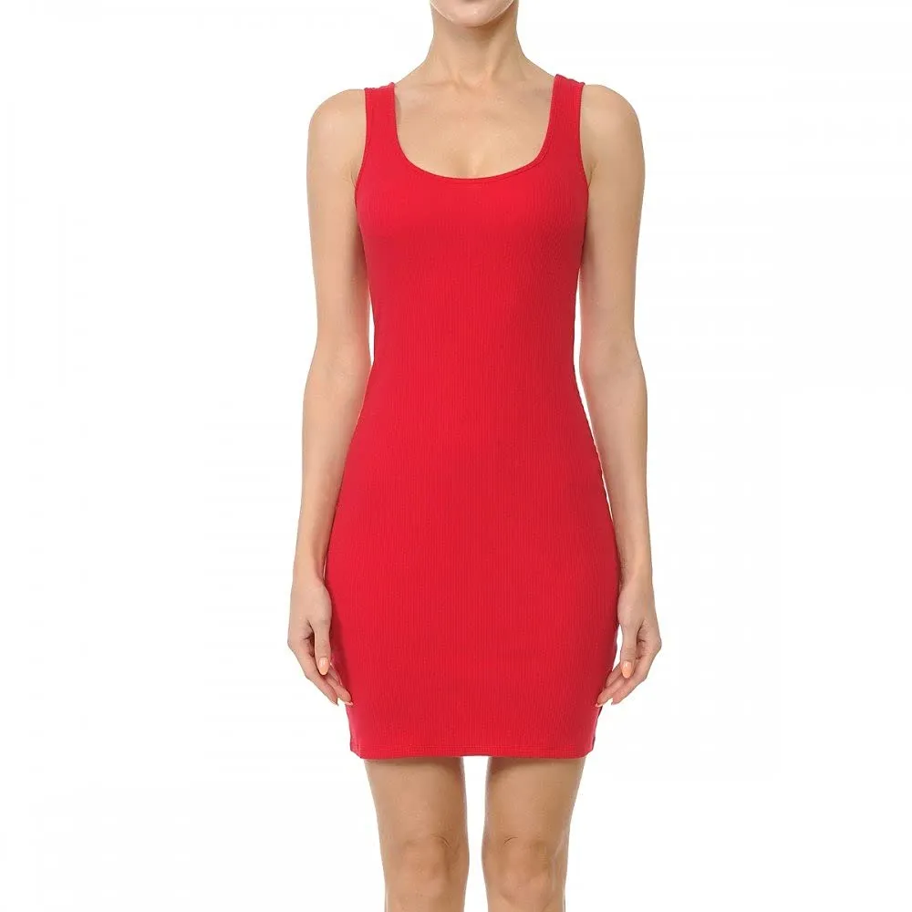 Womens- Basic Mini Ribbed Knit Scoop Neck Sleeveless Midi Body Con Dress