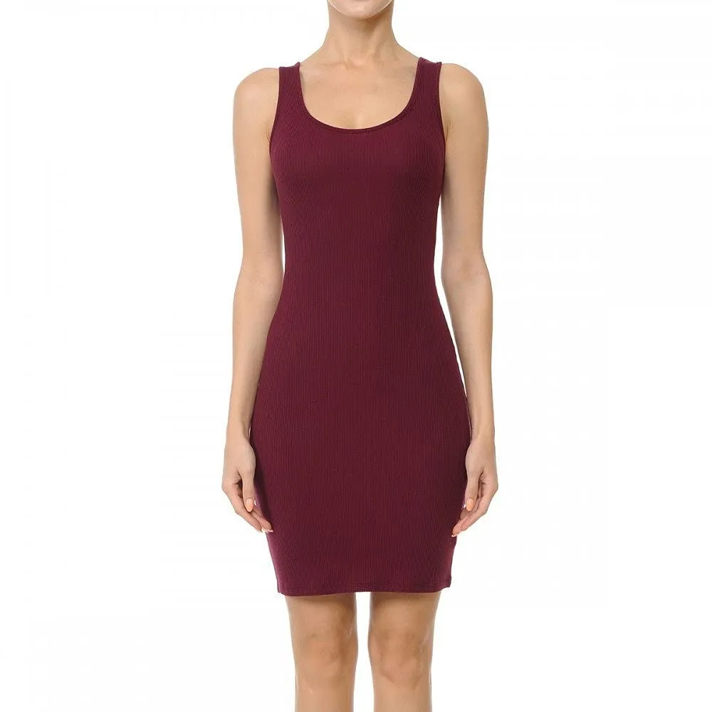 Womens- Basic Mini Ribbed Knit Scoop Neck Sleeveless Midi Body Con Dress