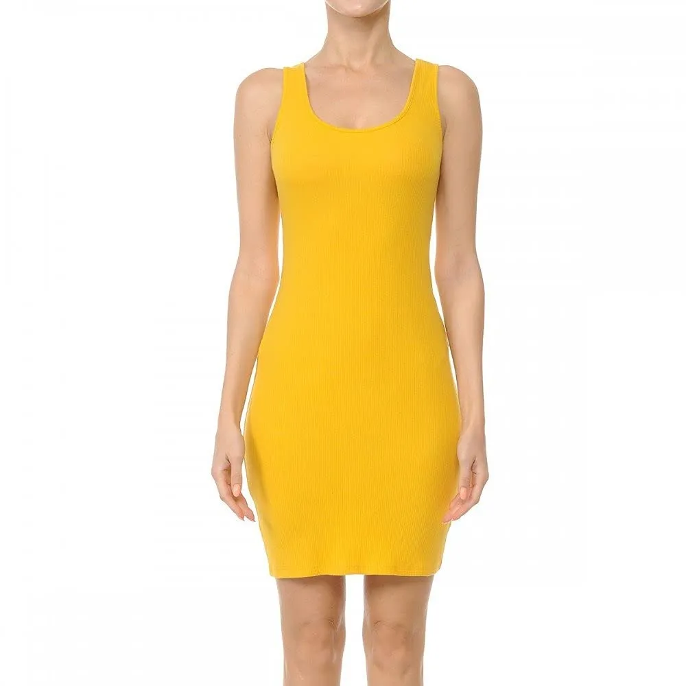 Womens- Basic Mini Ribbed Knit Scoop Neck Sleeveless Midi Body Con Dress