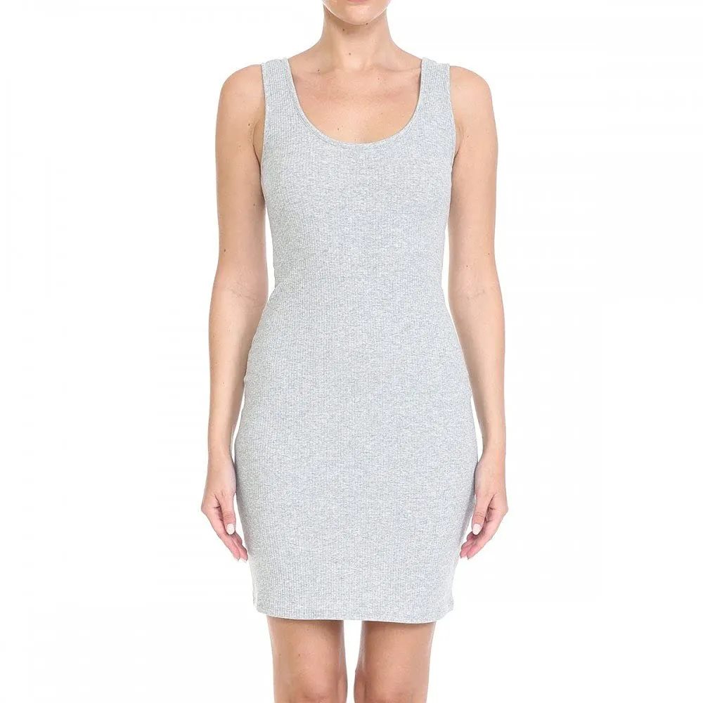 Womens- Basic Mini Ribbed Knit Scoop Neck Sleeveless Midi Body Con Dress