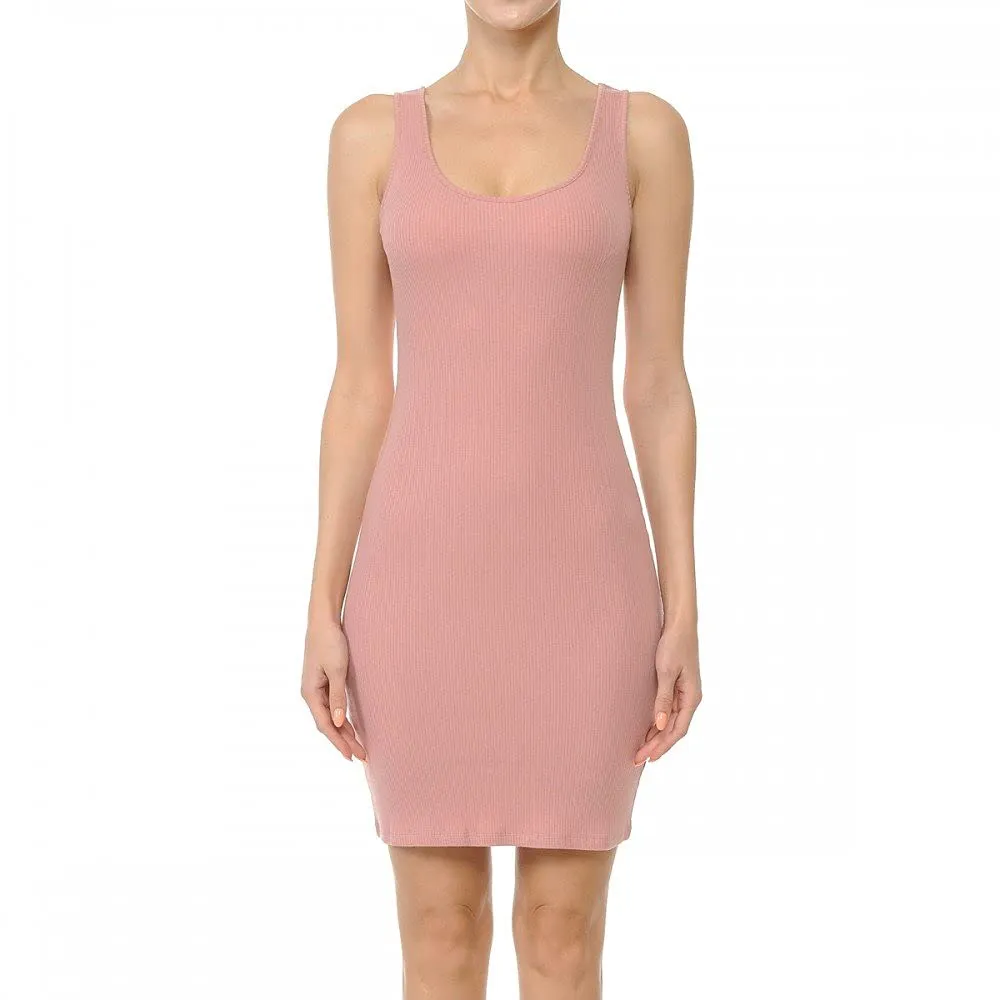 Womens- Basic Mini Ribbed Knit Scoop Neck Sleeveless Midi Body Con Dress