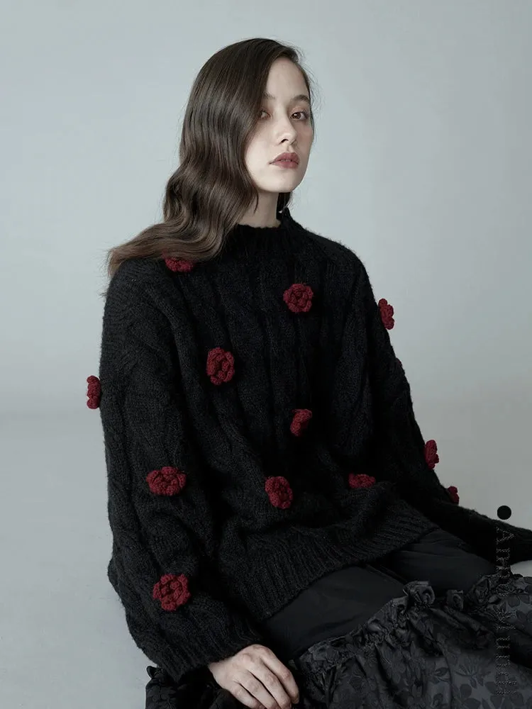 Women's Korean Style Floral Crew Neck Knitted Sweater Female Casual Oversized Sweater Thick Warm Twist Knit Top C-100