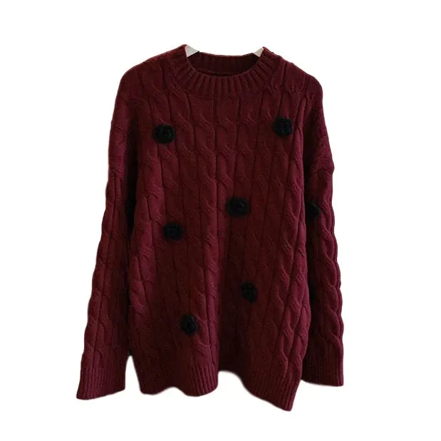 Women's Korean Style Floral Crew Neck Knitted Sweater Female Casual Oversized Sweater Thick Warm Twist Knit Top C-100
